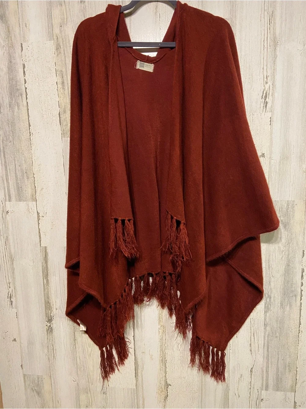 Look By M New York Burgundy Fringe Hooded Shawl Poncho